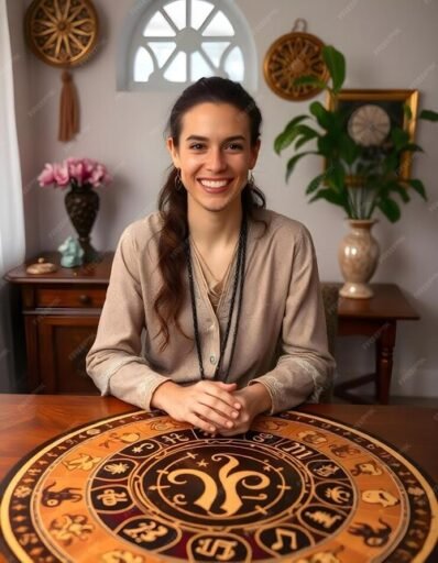 beautiful smiling astrologer with zodiac signs table 1319275 1993 4