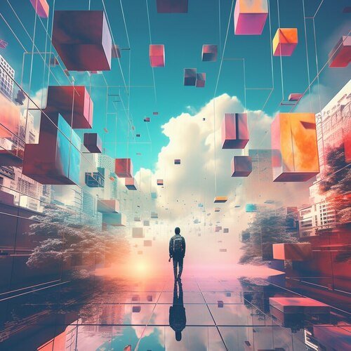 long shot adult nature with 3d geometric shapes 23 2150697464